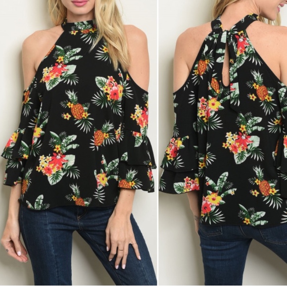 PINEAPPLE & FLORAL PRINT COLD SHOULDER TOP - Picture 3 of 4